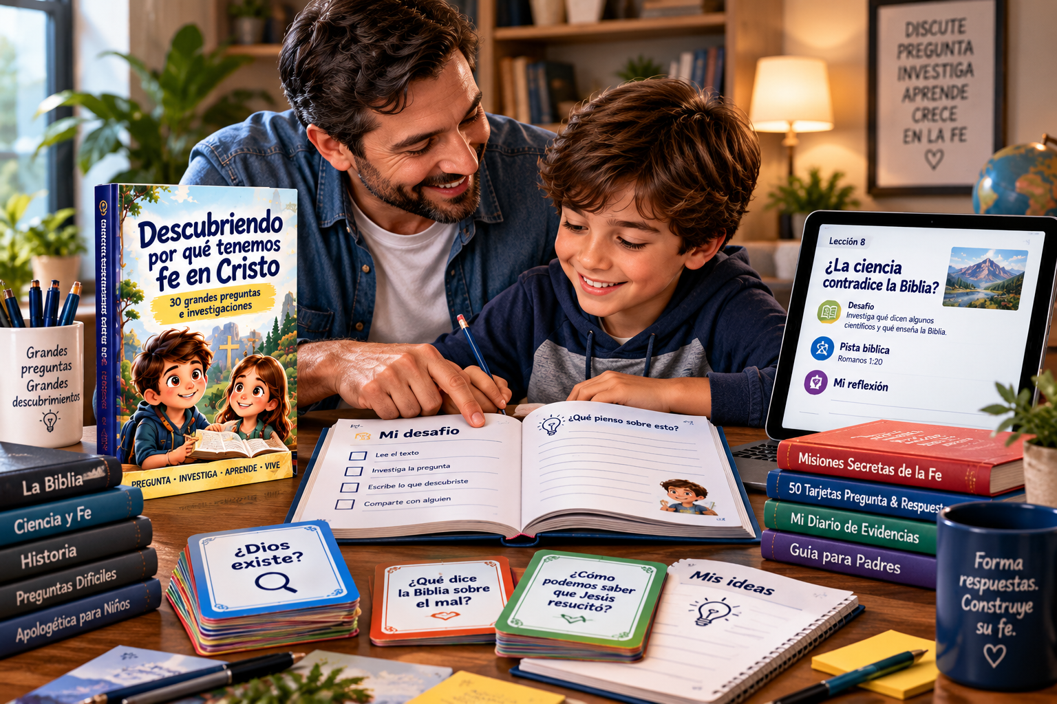 Padre e hijo estudiando juntos